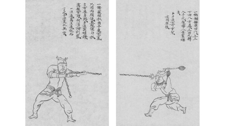Ancient Chinese martial arts manual depicting warriors demonstrating meteor hammer techniques. The meteor hammer and rope dart were both used in combat and performance, gaining legendary status in Chinese martial traditions.
