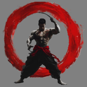 Martial artist demonstrating advanced rope dart techniques, wrapping the rope around his body for control and precision. The rope dart, historically linked to Shaolin and Wudang traditions, remains a key weapon in modern Wushu and kung fu training.